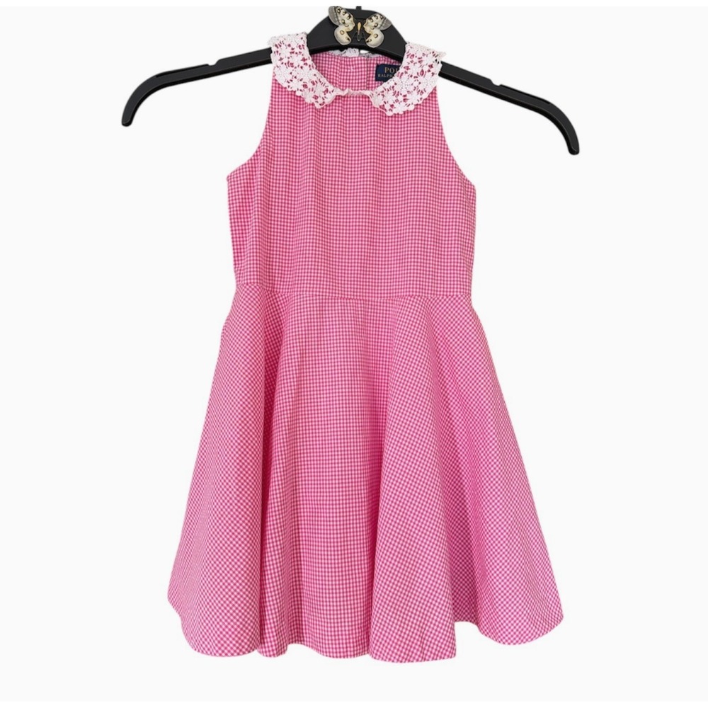 Polo Ralph Lauren Dress Girls Pink Gingham Crochet Collar Spring Sz 4